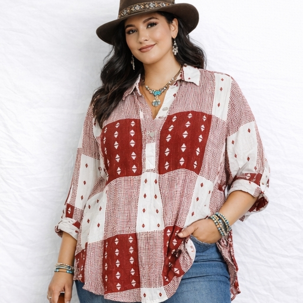 GIA CURVES Size XL Rust‎ Aztec Tribal Buckle Cuff Southwestern Casual Blouse